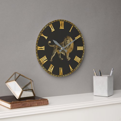Golden Lion on Black Large Clock