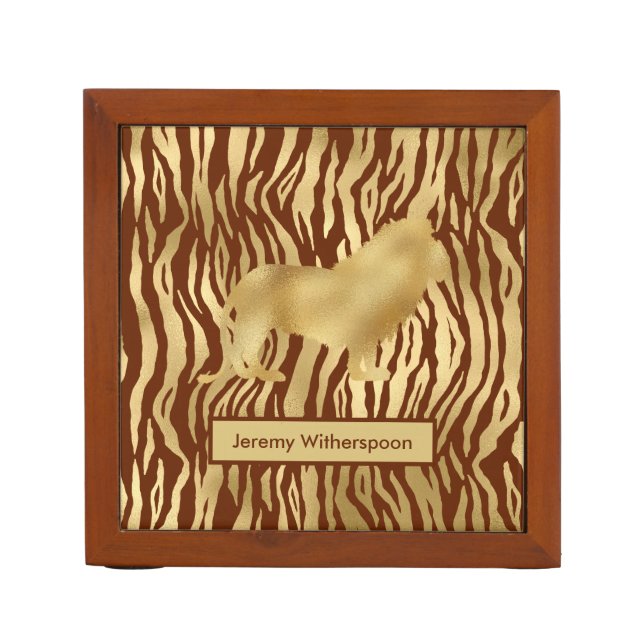 Golden Lion on Rust Wild Animal Print Desk Organizer (Front)