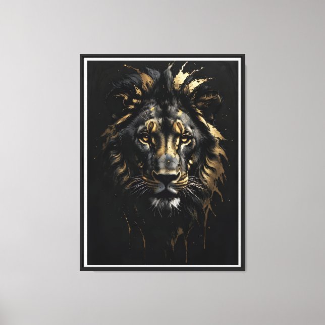 Golden Lion Outline on Black Canvas – Majestic Wal Print (Front)