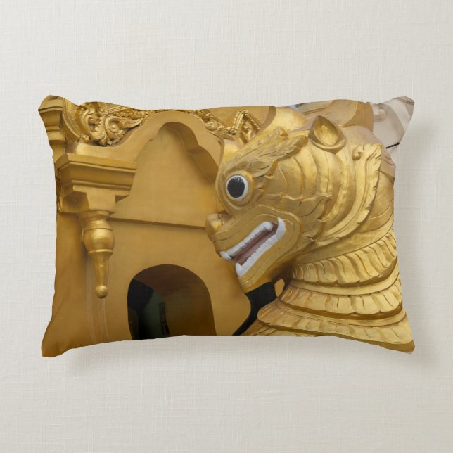 Golden Lion Statue At Temple Accent Pillow (Front)