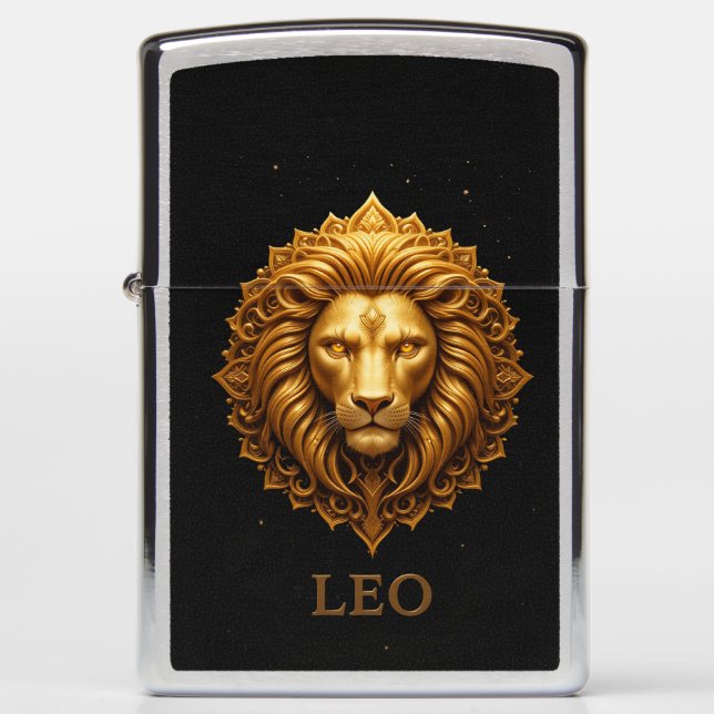 Golden Lion Symbol Representing Strength, Zodiac Zippo Lighter (Front)