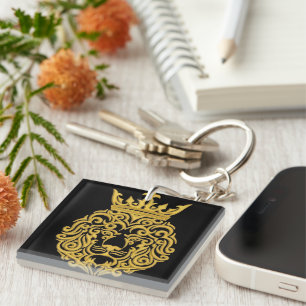 Golden Lion with Crown - Majestic Embroidery Style Keychain