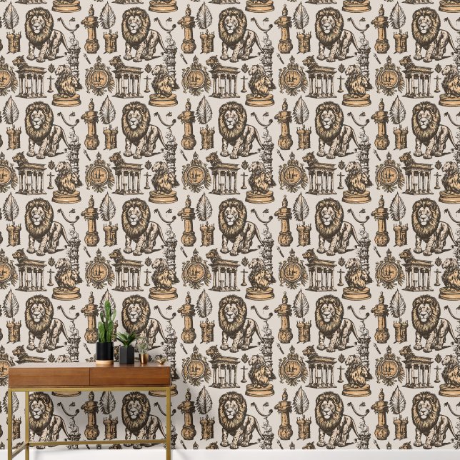 Golden Lions and Landmarks Wallpaper (Hallway)