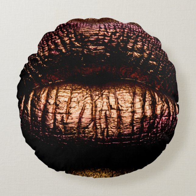 Golden lips closeup. Gold metal lip. Beautiful mak Round Pillow (Front)