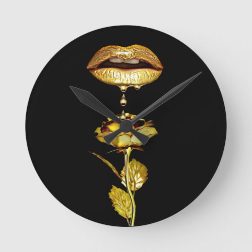 Golden Lips Dripping Liquid Gold Art  Round Clock
