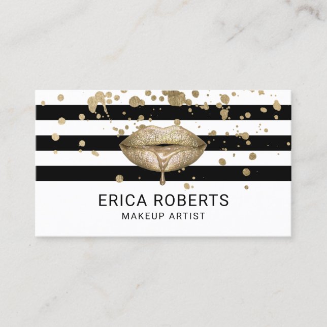 Golden Lips Modern Gold Splatters Makeup Artist Business Card (Front)