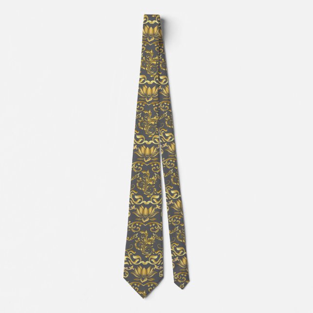 Golden Lotus & floral Pattern 2508.DGrey BG Neck Tie (Front)