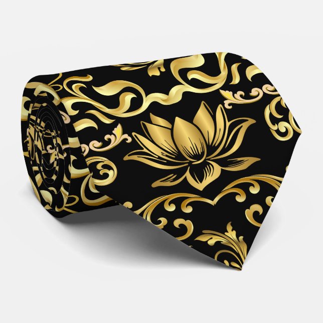Golden Lotus & floral Pattern 2508 Neck Tie (Rolled)
