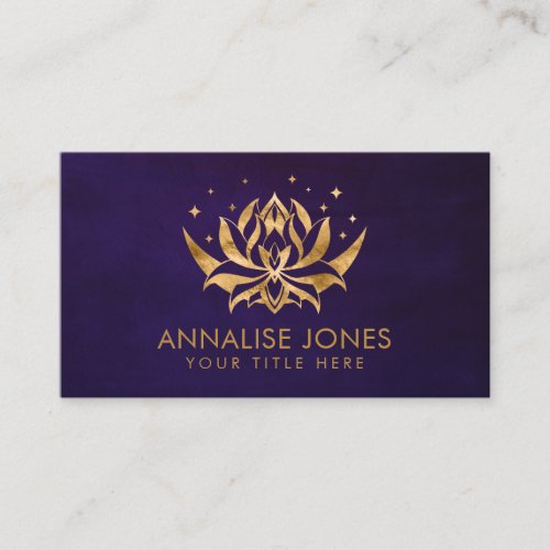 Golden Lotus flower shape and moon on purple Business Card