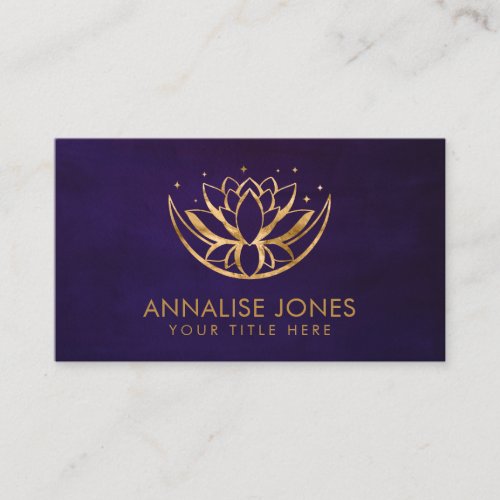 Golden Lotus flower shape and moon on purple Business Card