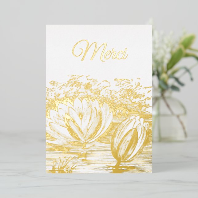golden  lotus flowers  - Merci  Foil  Foil Invitation (Standing Front)