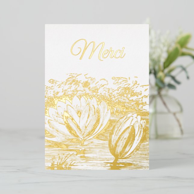 golden  lotus flowers  - Merci  Foil  Invitation (Standing Front)