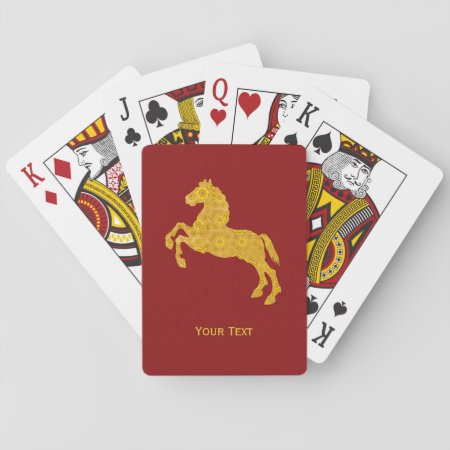 Golden Lotus Petal Pattern Horse On Dark Red Playing Cards