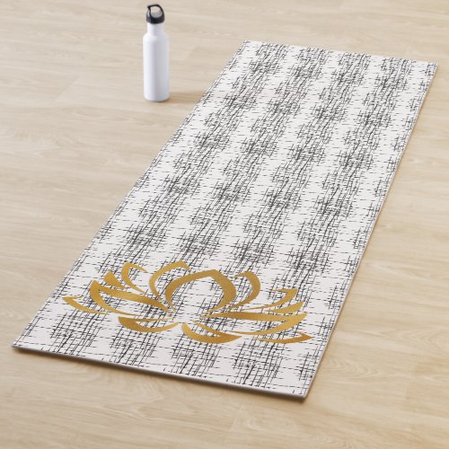 Golden Lotus Silhouette on Black  White Pattern Yoga Mat