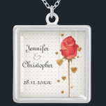 Golden Love Hearts and Red Wedding Silver Plated Necklace<br><div class="desc">An elegant necklace to celebrate your nuptials featuring golden colored love hearts hanging behind a long stemmed red rose bud. The background is a subtle pattern of love hearts. The text is fully customizable for your own special occasion.</div>