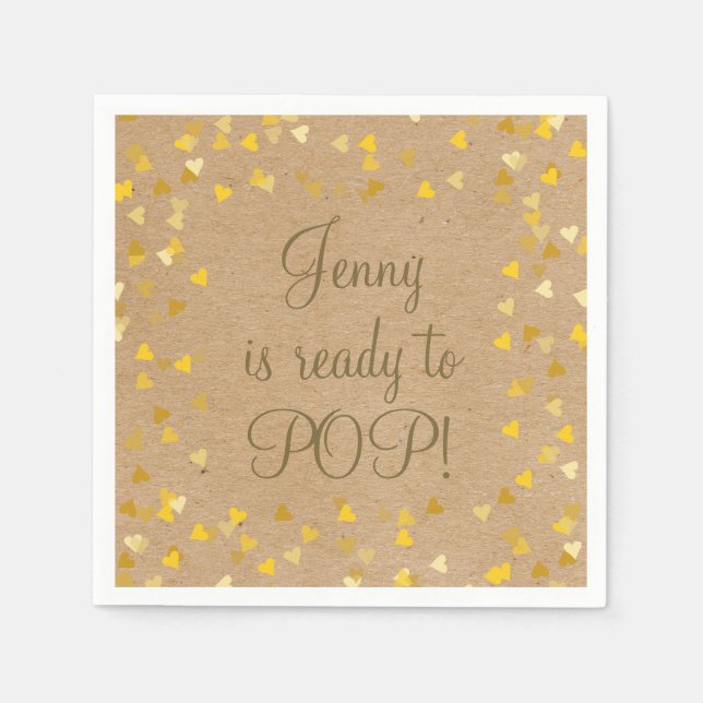 Golden Love Hearts She's Ready to Pop Baby Shower Napkins (Front)