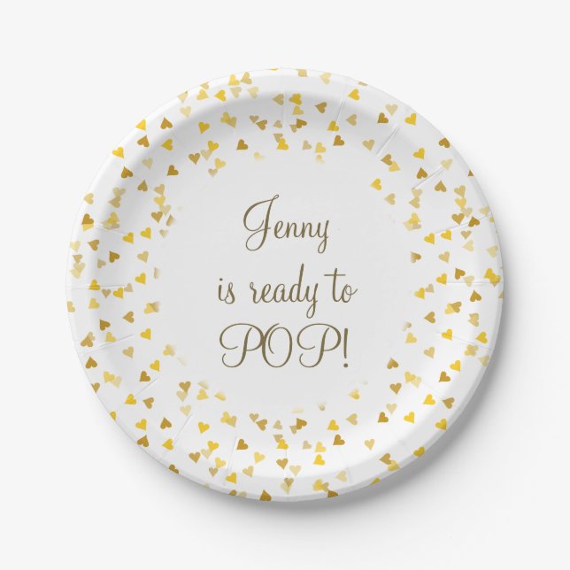 Golden Love Hearts She's Ready to Pop Baby Shower Paper Plates (Front)