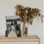 Golden LOVE Script Easel Personalize Photo  Plaque<br><div class="desc">This charming tabletop Modern gold LOVE Script EAsel Personalize Photo Plaque has a built-in easel for the frameless display of your favorite photo. Features the word LOVE in a beautiful gold script. Create a precious keepsake of your favorite photo or give as gifts.</div>