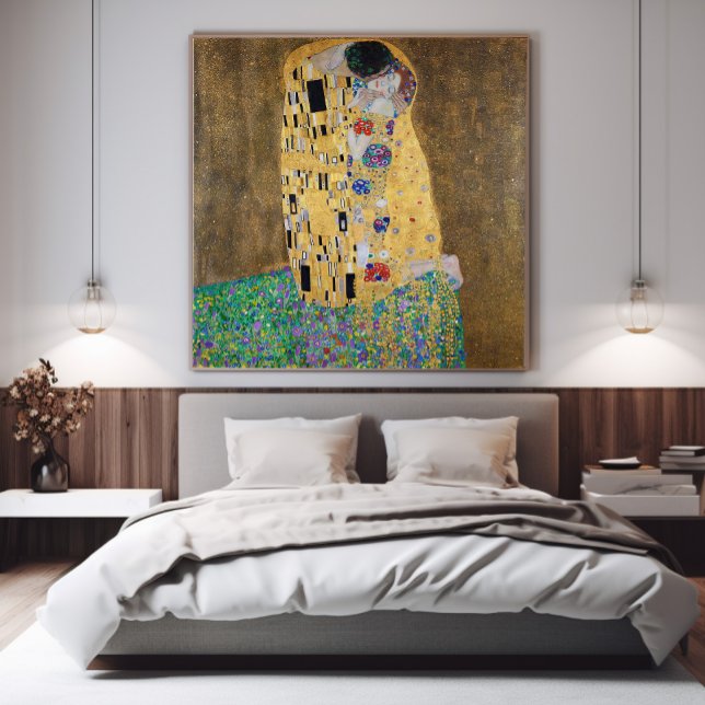 Golden Lovers Abstract Romantic Wall Art Print (Golden Lovers Abstract Romantic. A famous masterpiece in gold and vibrant colors, capturing intimacy)
