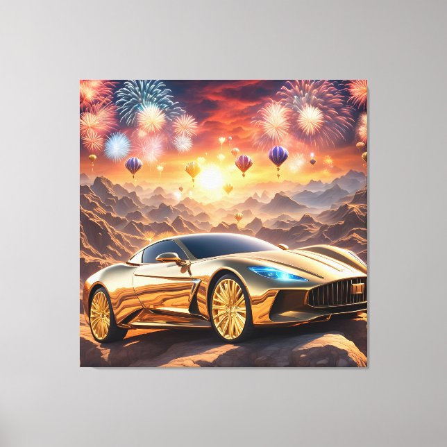 golden luxury car in a desert landscape canvas print (Front)