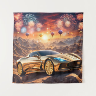 golden luxury car in a desert landscape tapestry