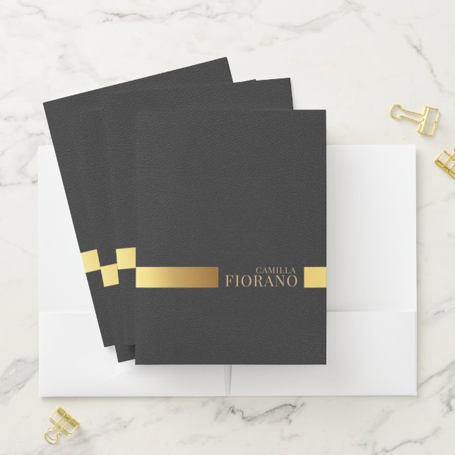 Golden Luxury Elegant Leather Texture Monogram Pocket Folder (In Situ)