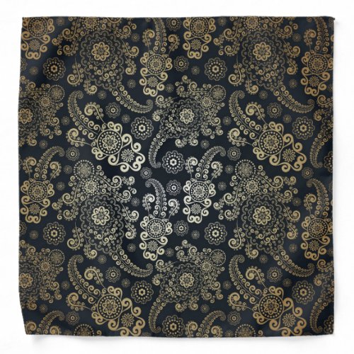 Golden Luxury Paisley on Black Background Bandana