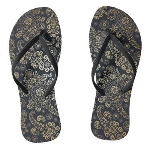 Golden Luxury Paisley on Black Background Flip Flops