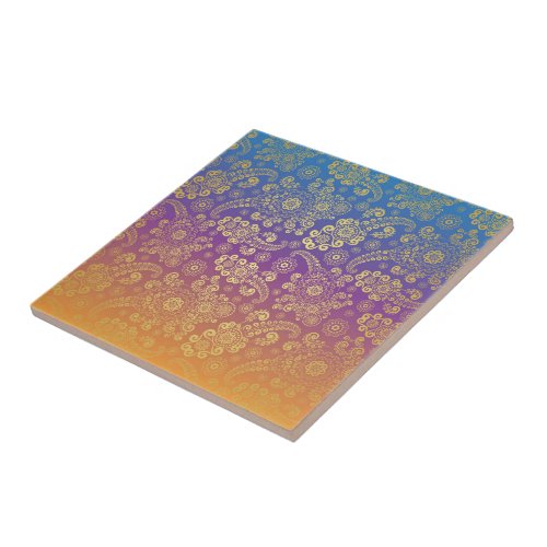 Golden Luxury Paisley on Blue Purple and Orange Ceramic Tile