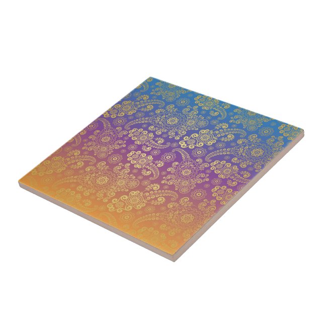 Golden Luxury Paisley on Blue, Purple and Orange Ceramic Tile (Side)