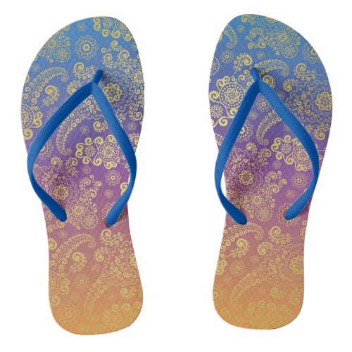 Golden Luxury Paisley on Blue Purple and Orange Flip Flops