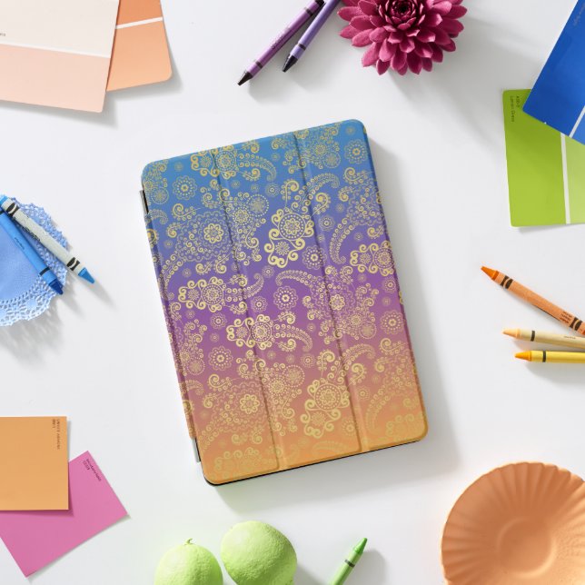 Golden Luxury Paisley on Blue, Purple and Orange iPad Pro Cover (Desk)