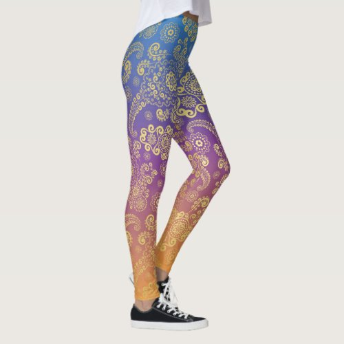 Golden Luxury Paisley on Blue Purple and Orange Leggings