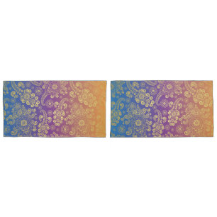 Golden Luxury Paisley on Blue, Purple and Orange Pillow Case