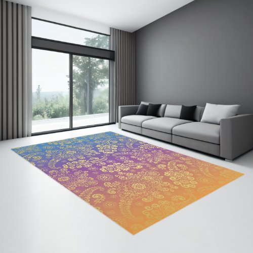 Golden Luxury Paisley on Blue Purple and Orange Rug