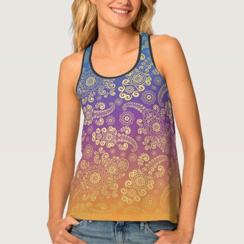 Golden Luxury Paisley on Blue Purple and Orange Tank Top