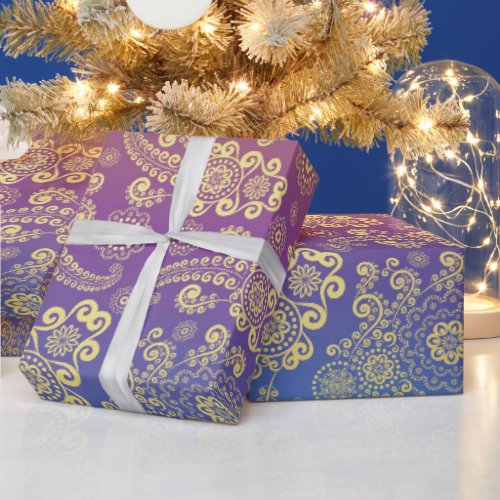 Golden Luxury Paisley on Blue Purple and Orange Wrapping Paper