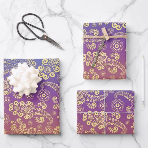 Golden Luxury Paisley on Blue Purple and Orange Wrapping Paper Sheets