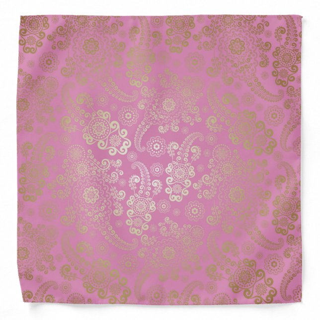 Golden Luxury Paisley on Pink Background Bandana (Front)