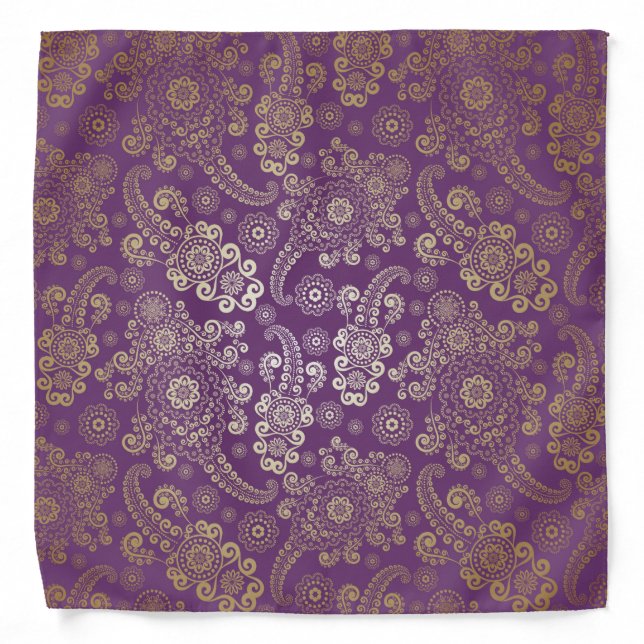 Golden Luxury Paisley on Purple Background Bandana (Front)