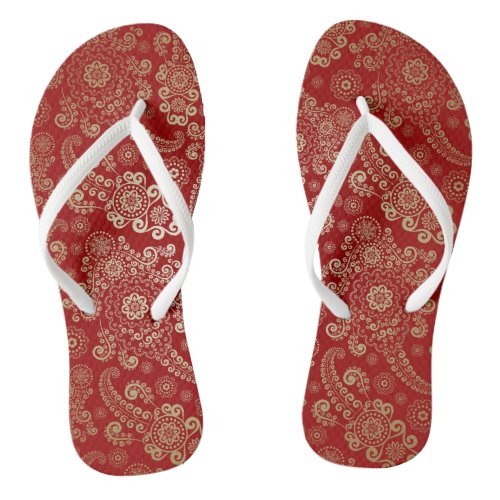 Golden Luxury Paisley on Red Background Flip Flops