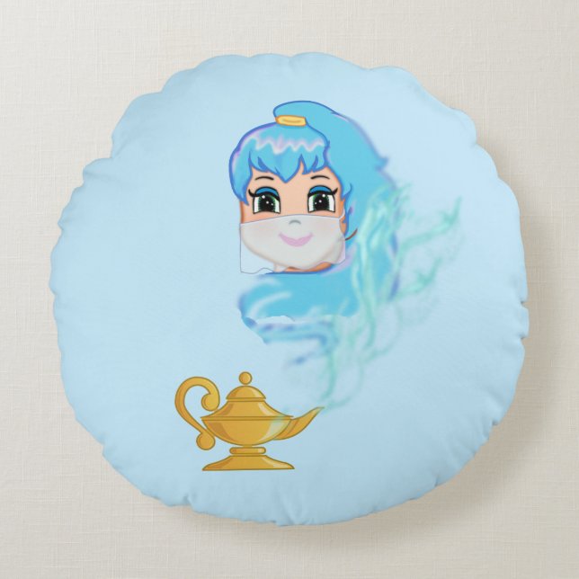 Golden magic lamp and genie on light blue round pillow (Front)