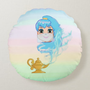 Golden magic lamp and genie on pastel colors round pillow