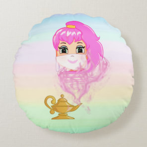Golden magic lamp and genie on pastel colors round pillow