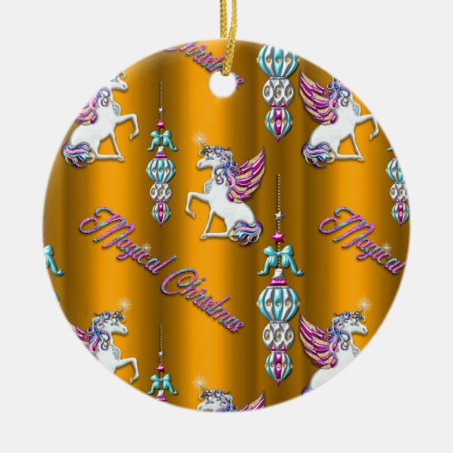 Golden Magical Christmas Unicorns Ceramic Ornament