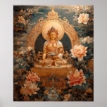 Golden Maitreya Buddha Pink Flowers Illustration Poster