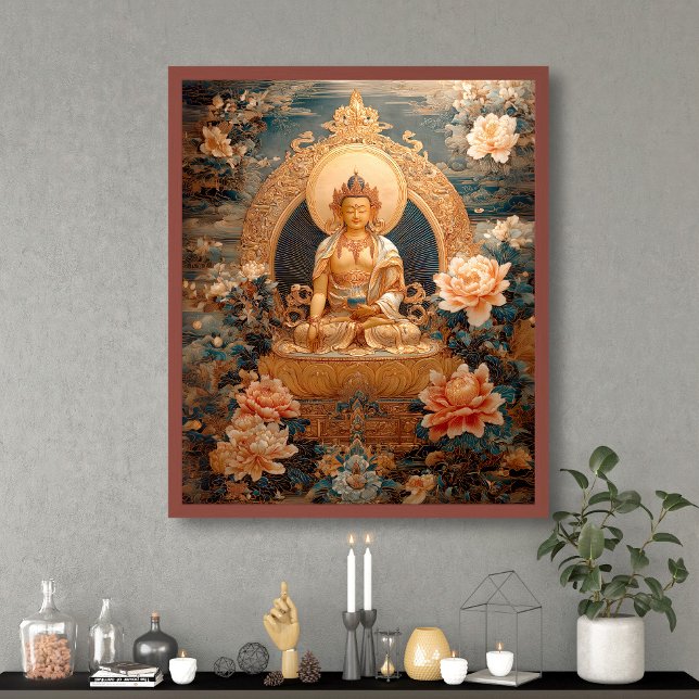 Golden Maitreya Buddha Pink Flowers Illustration Poster (Creator Uploaded)
