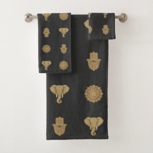 Golden Mandala Elephant Hamsa Hand -Boho Art Print Bath Towel Set