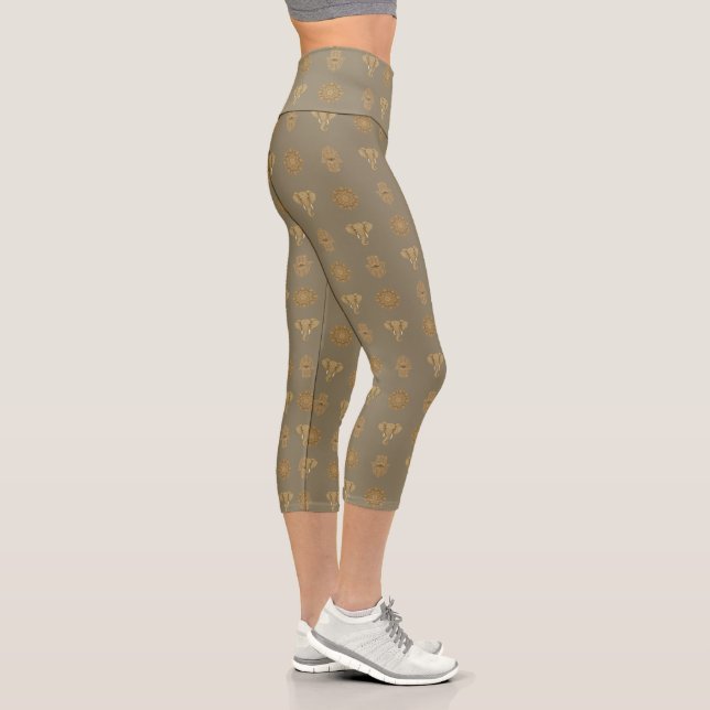 Golden Mandala Elephant Hamsa Hand -Boho Art Print Capri Leggings (Right)