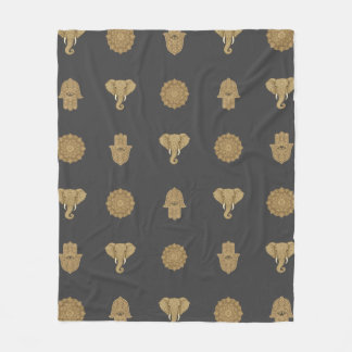 Golden Mandala Elephant Hamsa Hand -Boho Art Print Fleece Blanket
